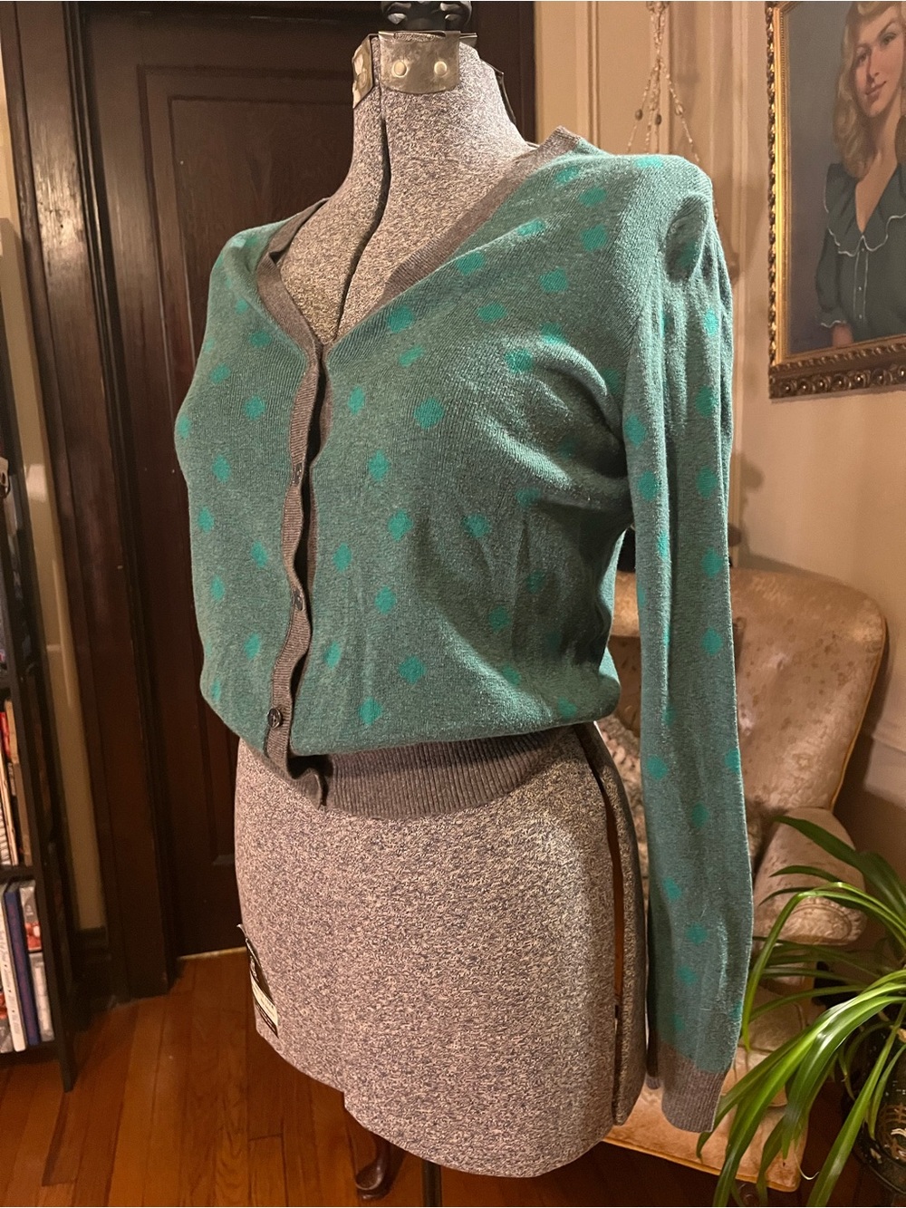 CAbi Green Polka Dot V-Neck Cardigan